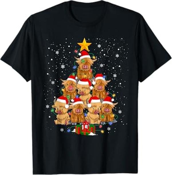 Funny Xmas Men Women Family T-Shirt, Scottish Highland Cow Christmas Tree Funny Cow Lover Xmas T-Shirt