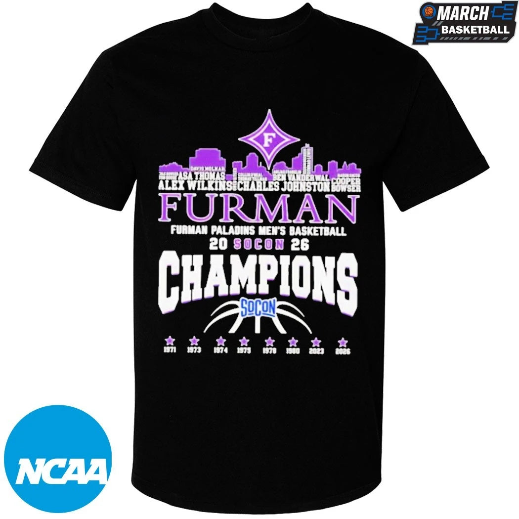 Furman Paladins Champions 2026 SoCon Men’s Basketball 8X City Skyline T-Shirt