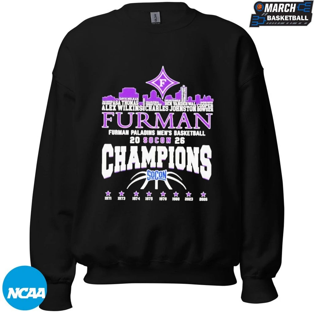 Furman Paladins Champions 2026 SoCon Men’s Basketball 8X City Skyline T-Shirt