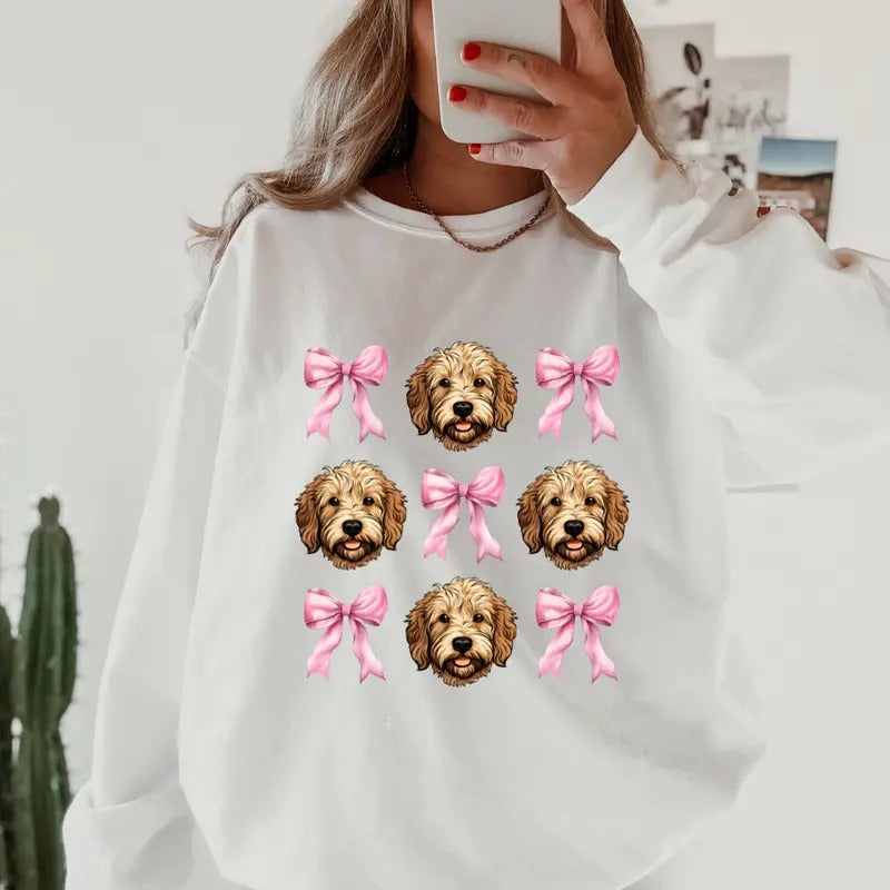 GOLDENDOODLE with bows Sweatshirt ~ Sweatshirt Unisex Apparel Relaxed Fit Printed in the USA Clothing Womenswear Casual...