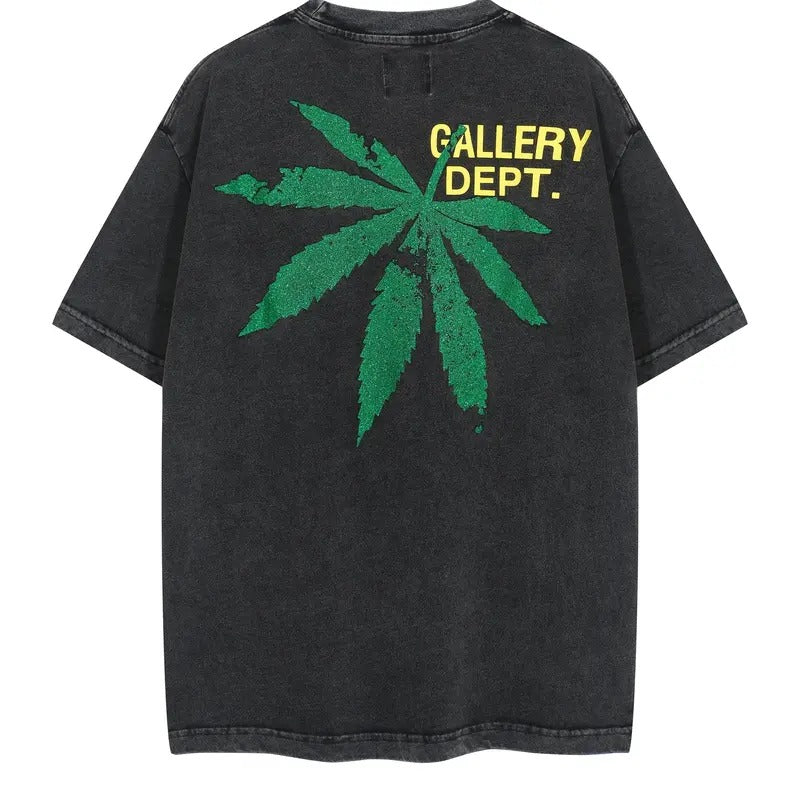 Gallery Dept Green Letter Maple Leaf Printed Short sleeved T-shirt S-XL Washed Black Hoodie, Sweatshirt | HypeCrazeTee.com