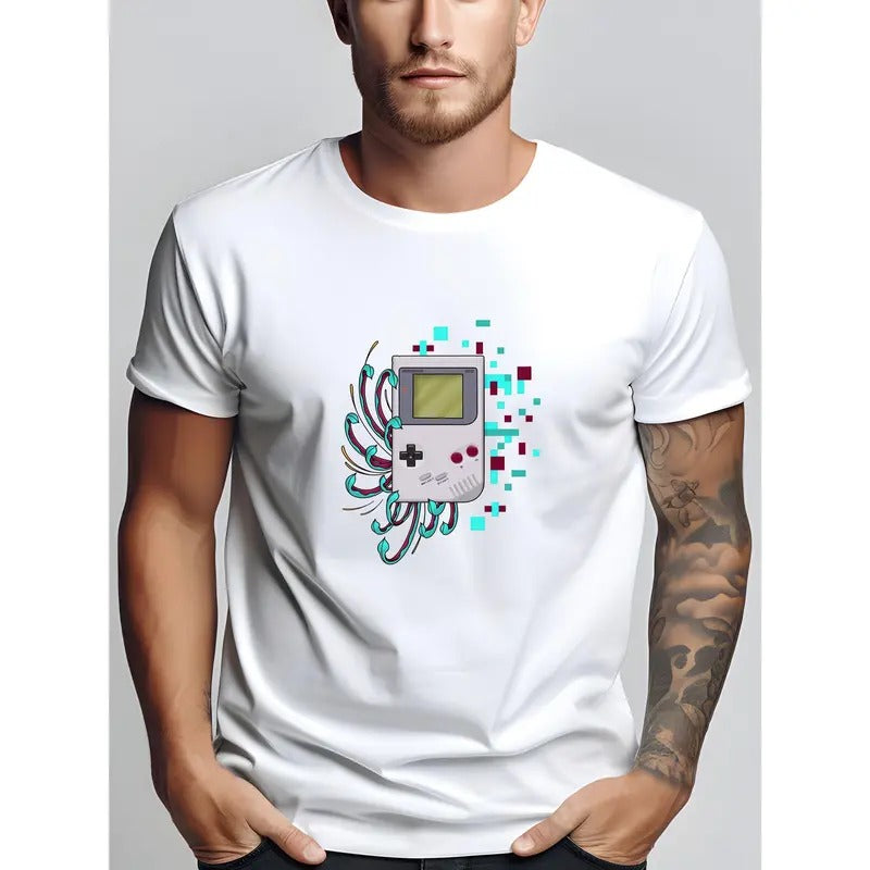Game Console Print T-shirt, Stylish And Breathable Street Fashion for Men, Simple Comfy Top, Casual Crew Neck Short...