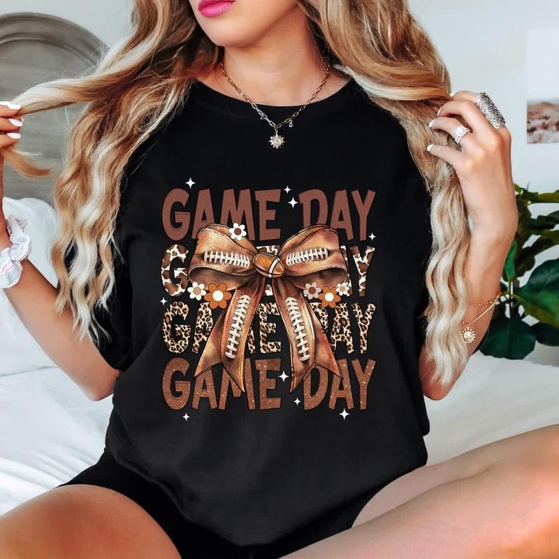Game Day Shirt for Women Football Coquette Bow T-Shirt Short Sleeve Football Season Tee Tops Womenswear Black Hoodie,...