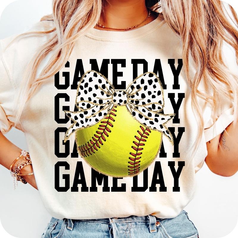 Game Day Softball Bow T-Shirt, Retro softball T-Shirt, Softball Embroidery T-Shirt, Softball Mama T-Shirt, Softball Mom...