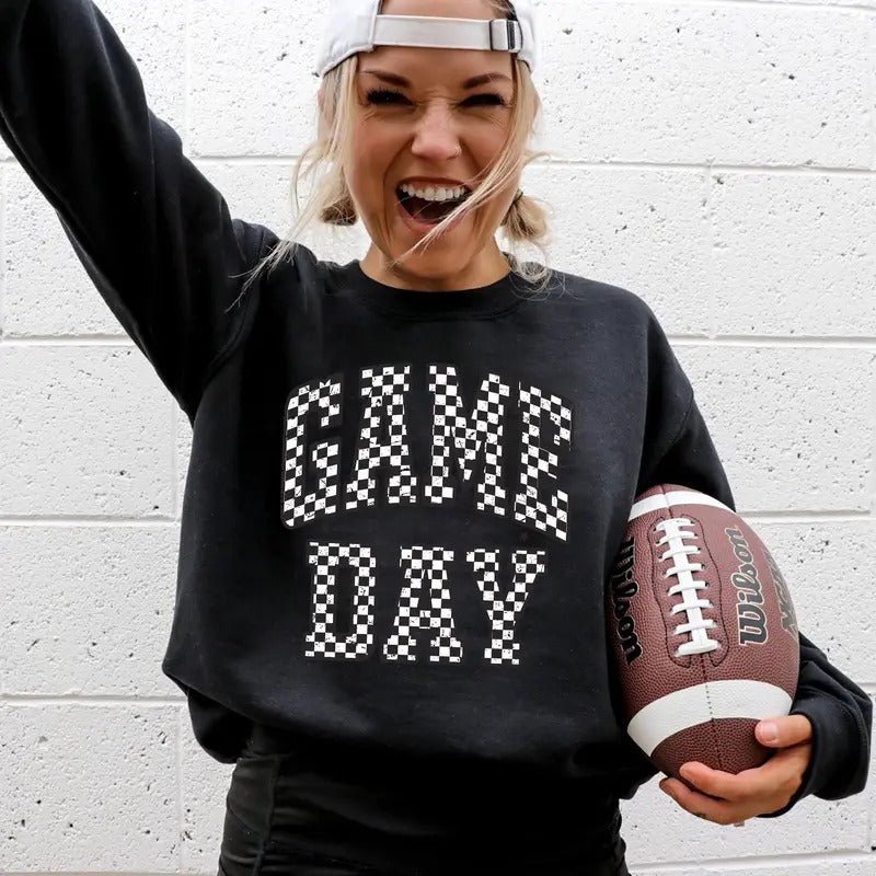 Game Day, Checkered, Football, Sports, Big Game, Touchdown, Tailgate Party Sweatshirt, Women's Crew Neck, Crewneck...
