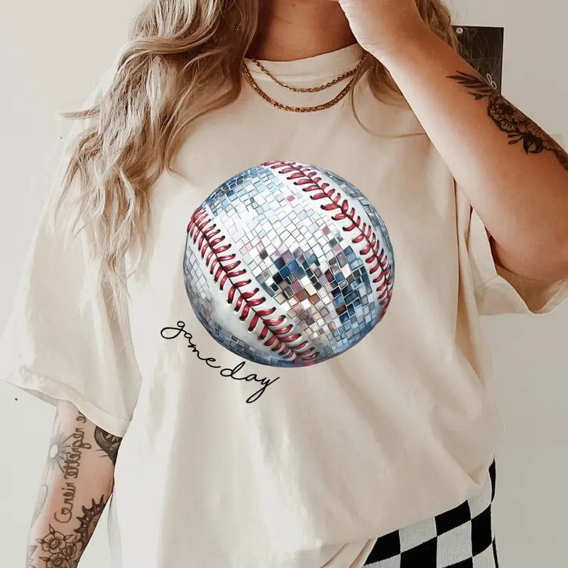 Gameday Disco Baseball Shirt ~ Relaxed Fit Printed USA Womenswear Casual Comfort Cotton Top Athletic Boho Chic T-Shirts, Hoodie, Sweatshirt