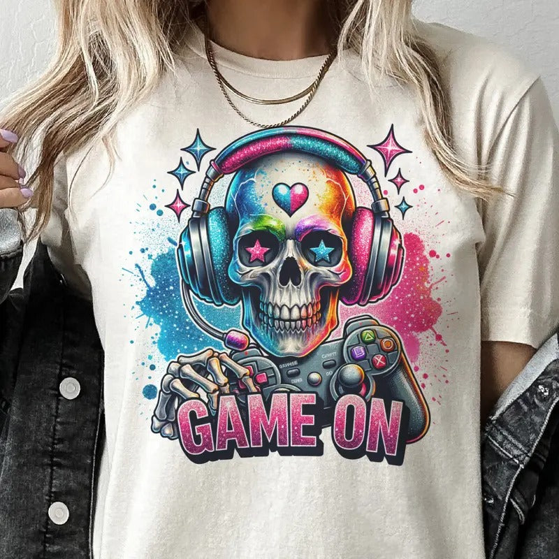 Gamer Tee Game On Gamer Tshirt Skull Gamer T-Shirt Skull Gaming Tee Skull Game On Top Girly Skull Gaming Tshirt Skeleton...