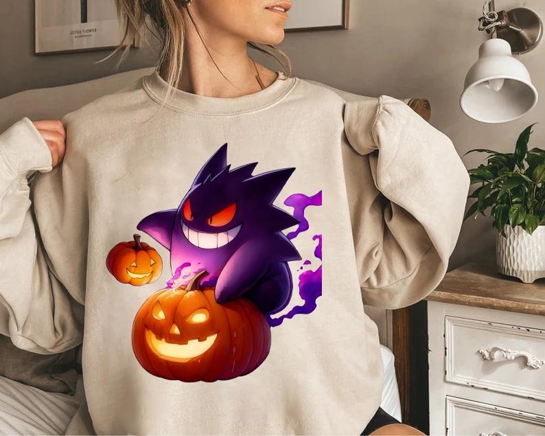 Gengar Pumpkin SWEATSHIRTS, Gengar Halloween Sweatshirt, Pokemon Halloween Sweatshirt, Pokemon Sweatshirt, Halloween...
