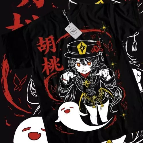Genshin Impact HuTao Harajuku T-Shirt Anime Girl Kawaii Black Shirt Tee All Size Hoodie, Sweatshirt | HypeCrazeTee.com