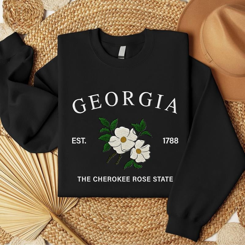 Georgia Wood Cherokee Rose Embroidered State Flower Sweatshirt, Hometown Embroidered Shirt, Favorite Flower Embroidered...