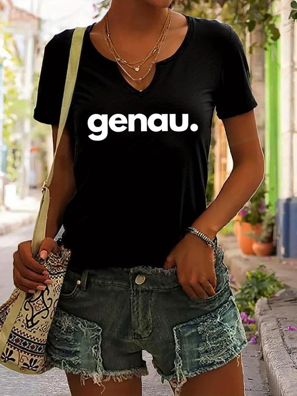 German Genau Letter Print T-Shirt for Women, Casual Summer V-Neck Short Sleeve Tee, Trendy Fitted Fashion Top Hoodie,...