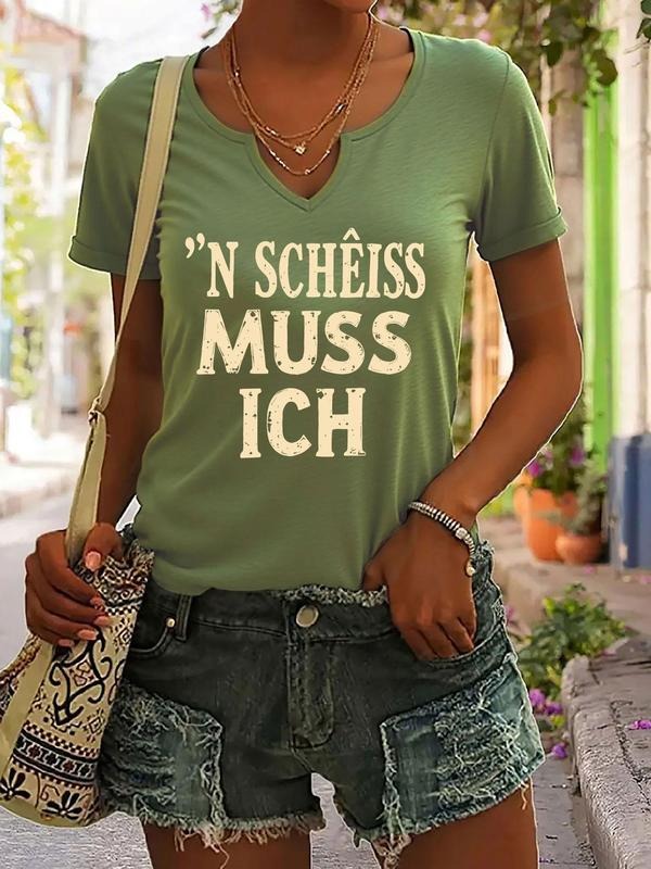 German Graphic Print T-Shirt SCHEISS MUSS ICH, Trendy Casual Short Sleeve V-Neck Summer Top, Stylish Women's Apparel...