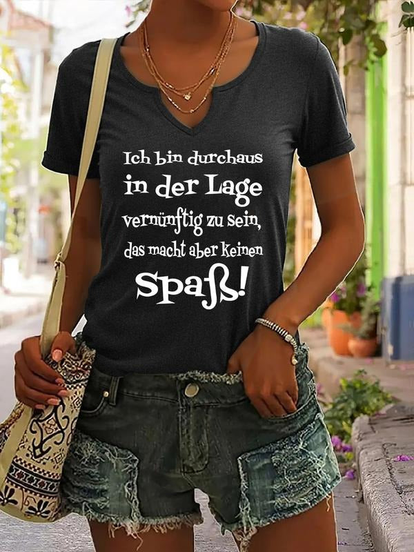 German Graphic Print T-Shirt for Women, Trendy Casual Summer Short Sleeve V-Neck Top, Stylish Fitted Design for Ages...