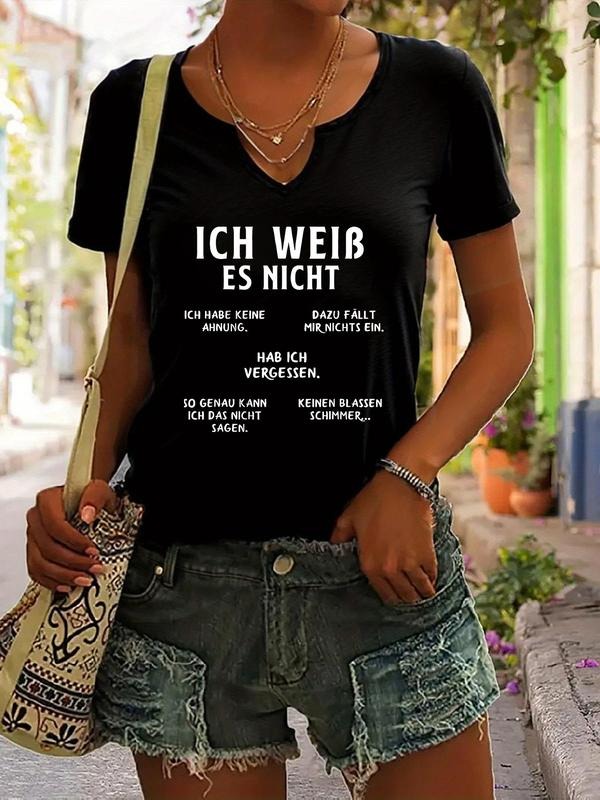 German Graphic Print T-Shirt with Expressions of Not Knowing, Casual V Neck Summer Tee for Women, Trendy Fitted Short...