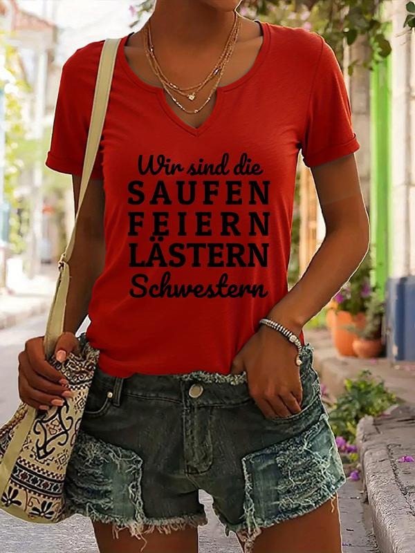 German Letter Print Tshirt, Casual Fitted Short Sleeve V Neck Top for Women, Trendy Summer Fashion Tee, Stylish Ladies...
