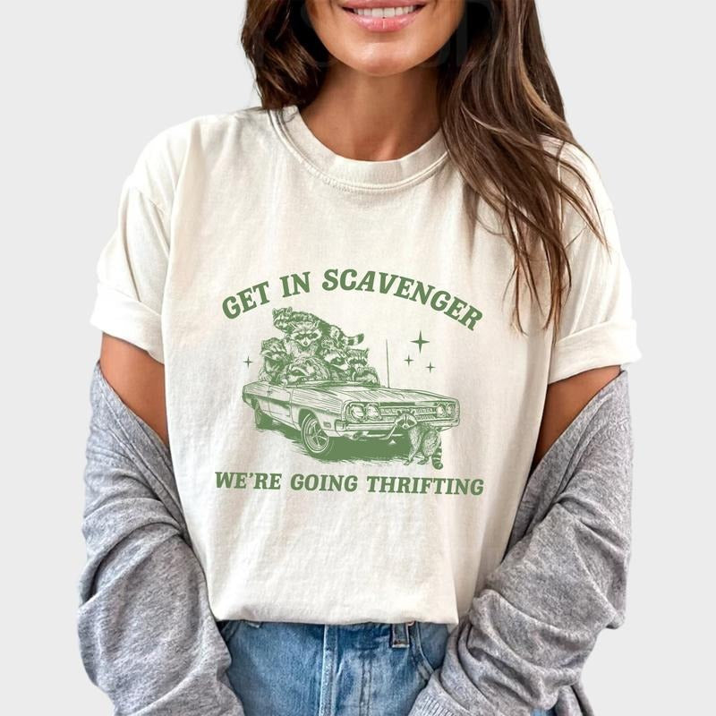 Get In Scavenger We Are Going Thrifting Shirt, Retro Raccoon Shirt, Funny Raccoon Meme Tee, Trash Panda Shirt, 90s...