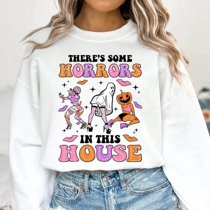 Get Spooked in Style with This Retro Halloween Sweatshirt - Horrors In This House Design Perfect for Funny Halloween...