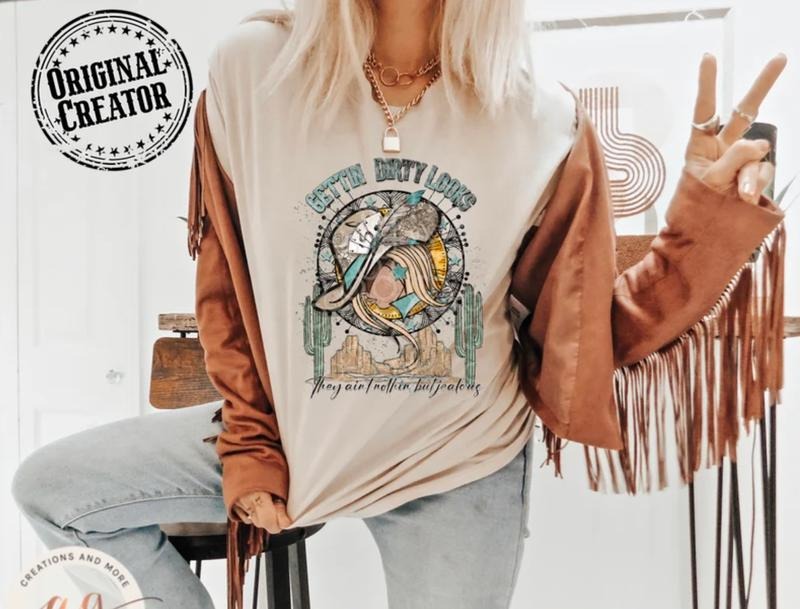 Gettin Dirty Looks Western Cowgirl T Shirt, Vintage Sublimation Tee, Boho Rodeo Outfit Shirt for Country Girls Hoodie,...
