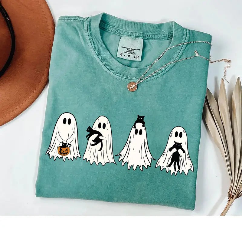 Ghost Black Cat Shirt, Halloween Ghost Sweatshirt, Ghost Cat Shirt, Halloween Black Cat Sweatshirt, Spooky Season...