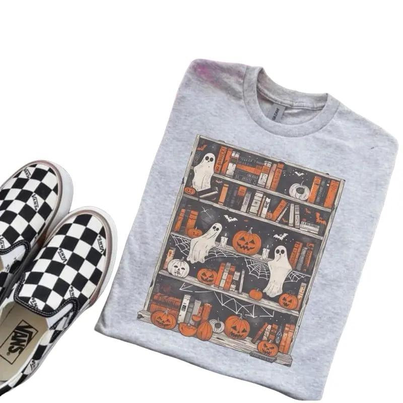 Ghost Bookcase T-SHIRT Ash Grey T-Shirt - Bleached - Gildan - Unisex Hoodie, Sweatshirt | HypeCrazeTee.com