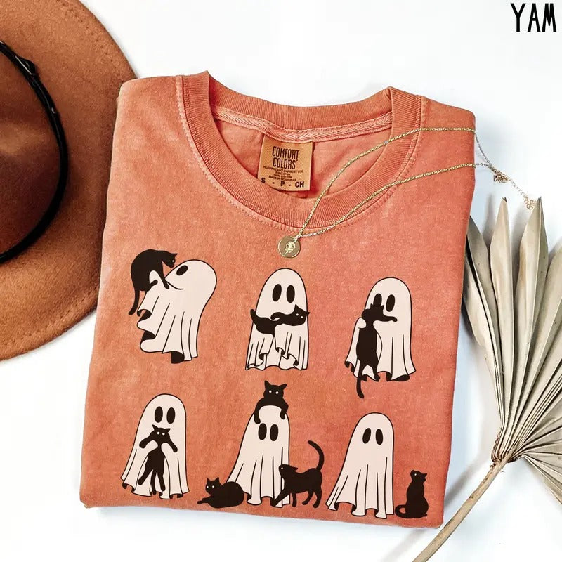 Ghost Cat Shirt, Cat Ghost T-Shirt, Cute Cat Lovers Shirt, Retro Ghost Halloween, Halloween Cat T-shirt, Spooky Season...