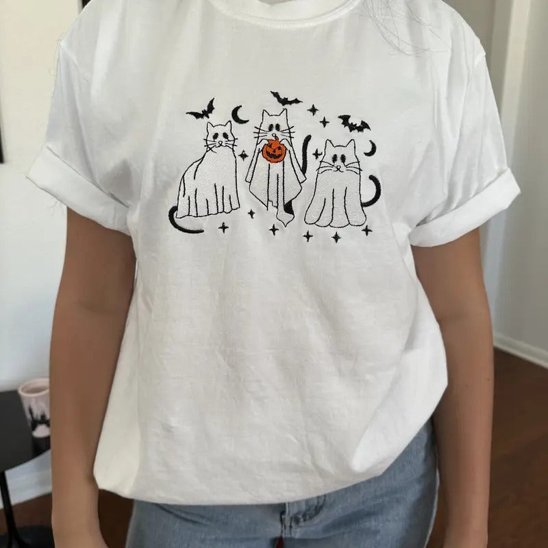 Ghost Cats Embroidered Tee shirt Hoodie, Sweatshirt | HypeCrazeTee.com