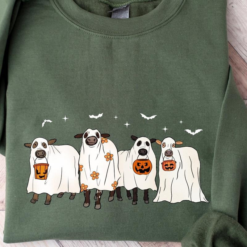 Ghost Cows Halloween Crewneck Sweatshirt, Hoodie, T-shirt, Cow Shirt, Cow Lover Gifts | HypeCrazeTee.com