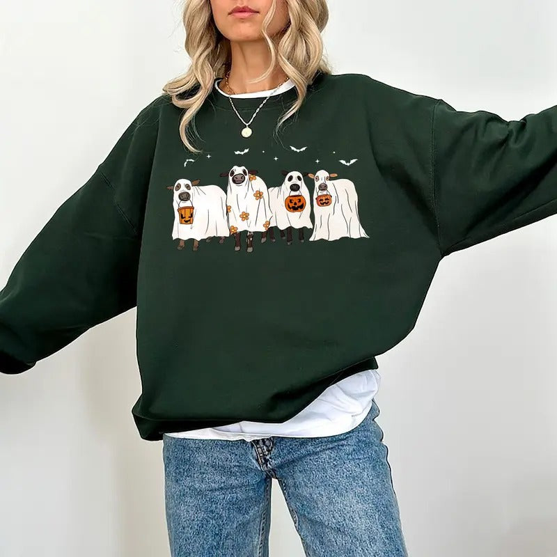 Ghost Cows Sweatshirt, Halloween Crewneck, Ghost Hoodie, Cow Lover Gift, Funny Halloween Cow Sweater, Spooky Cow Hoodie,...