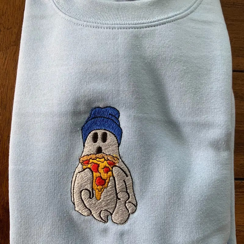 Ghost Eating Pizza Embroidered Crewneck Sweatshirt T-Shirts, Hoodie | HypeCrazeTee.com