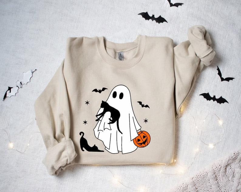 Ghost Holding Black Cat Halloween Sweatshirt, Halloween Sweatshirt, Ghost Sweatshirt, Black Cat, Fall Sweatshirt For...