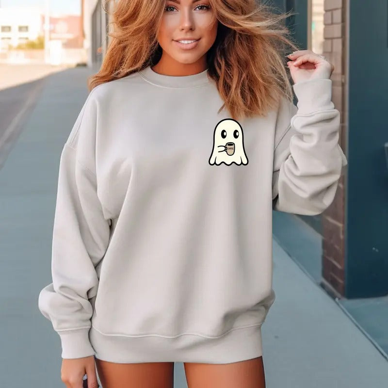Ghost Holding a Cup of Joe Halloween Crewneck Sweatshirt T-Shirts, Hoodie | HypeCrazeTee.com