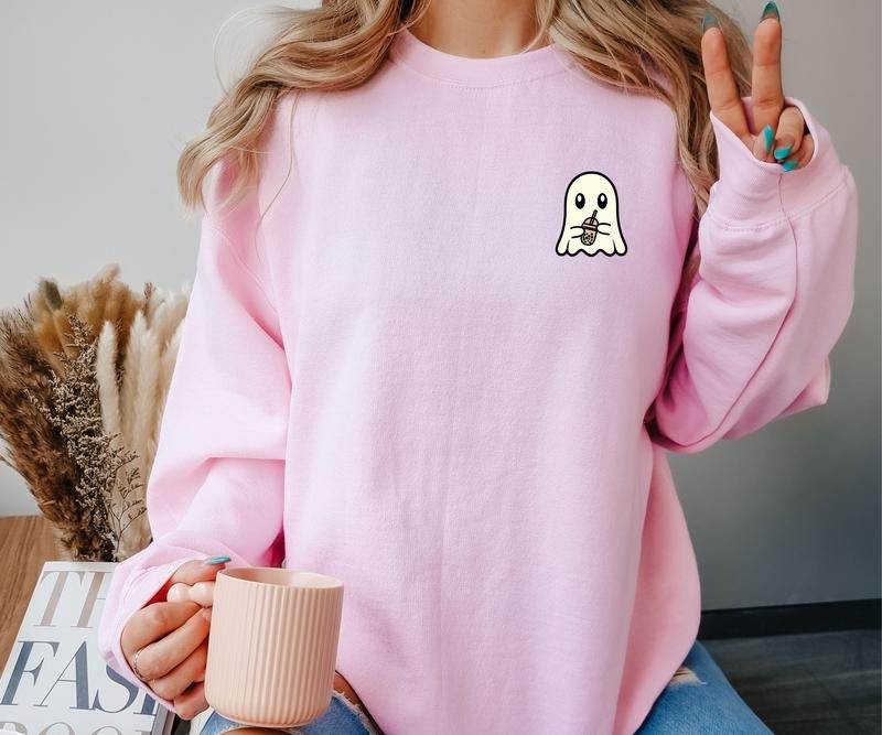 Ghost Holding an Iced Drink Halloween Crewneck Sweatshirt T-Shirts, Hoodie | HypeCrazeTee.com