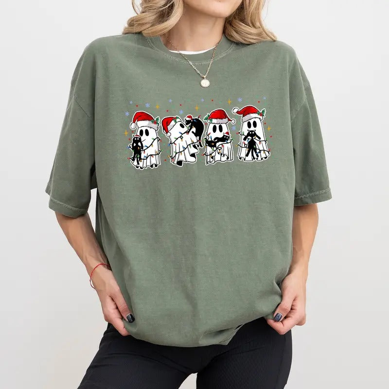 Ghost Hugging Black Cat Christmas Sweatshirt, Funny Christmas Crewneck, Animal Lovers Long Sleeves Pullover, Cat Ladies...