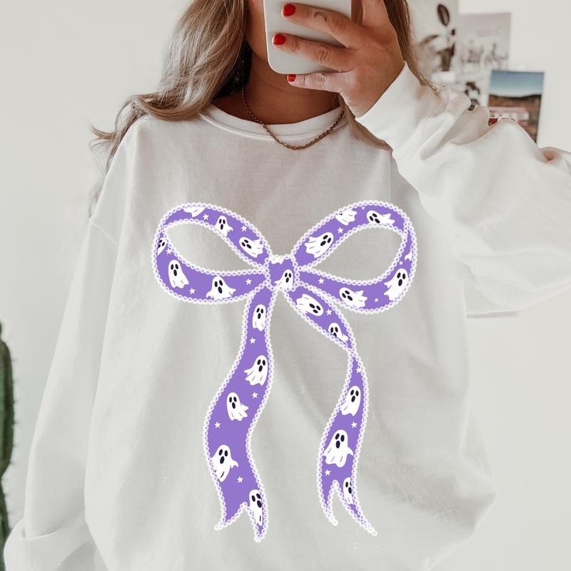 Ghost Lace Bow Halloween Sweatshirt - Unisex Relaxed Fit Printed in USA Casual Comfort Cotton Top Athletic Boho Chic All...