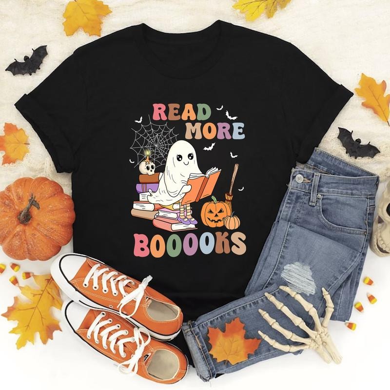 Ghost Reading Book Shirt Read More Books Shirt Halloween Ghost Gift for Book Lover Cute Ghost Shirt Fall Vibes Shirt...