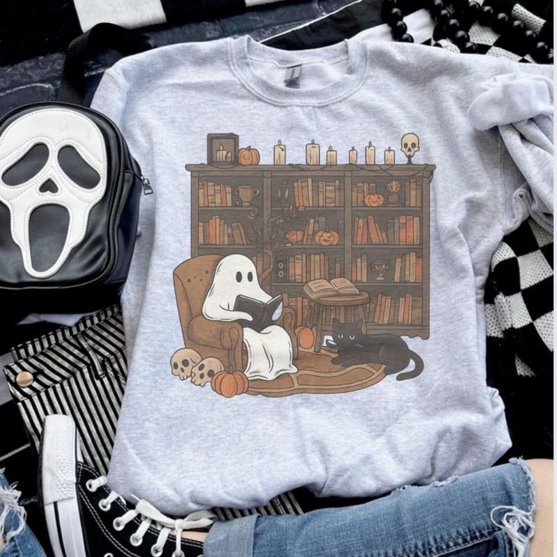 Ghost Reading Bookcase Cat Ash Grey T-Shirts, Hoodie, Sweatshirt