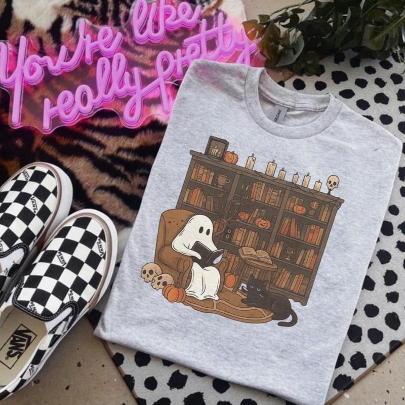 Ghost Reading Bookcase Cat Ash Grey Bleached Gildan T-Shirts, Hoodie, Sweatshirt