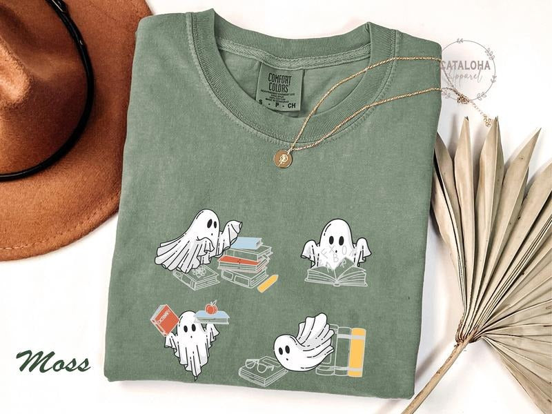 Ghost Reading Books Shirt, Halloween Teacher Gift, Ghost Reading Book , Spooky Season Trendy Shirt,halloween t-shirt...
