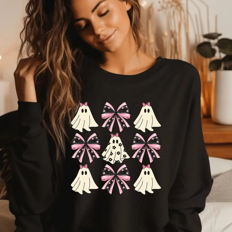 Ghost with Bows Halloween Crewneck Sweatshirt T-Shirts, Hoodie | HypeCrazeTee.com