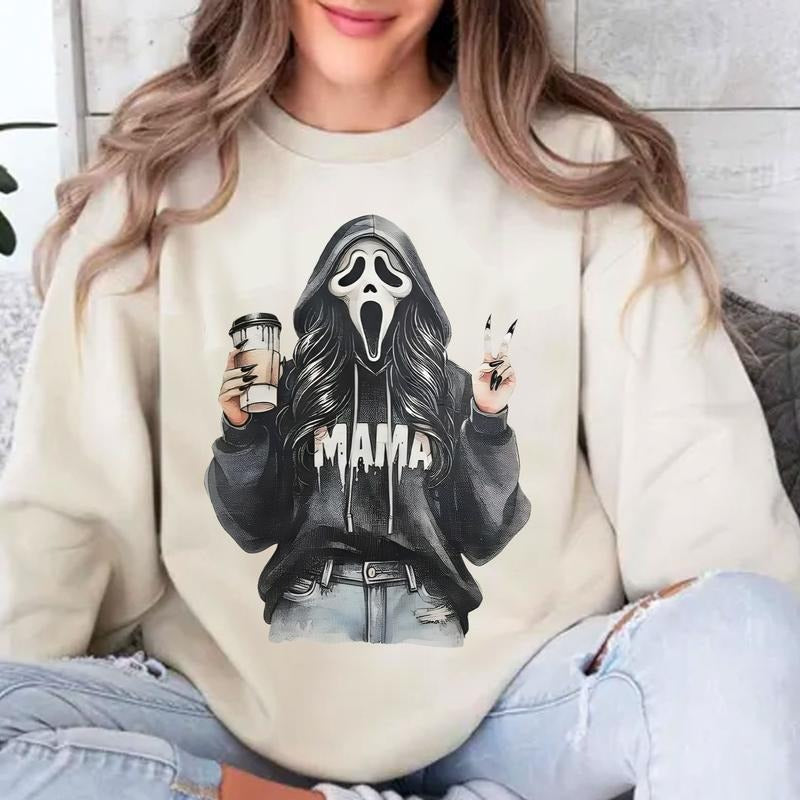 Ghostface MAMA Stylish The Death Coffee Crewneck Unisex Sweater - T-shirt Hoodie, Sweatshirt | HypeCrazeTee.com
