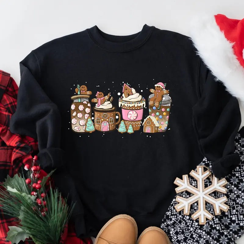 Gingerbread Christmas Coffee Shirt, Christmas coffee Sweatshirt, women Holiday sweater, Xmas Tee, Coffee Lover gift,...