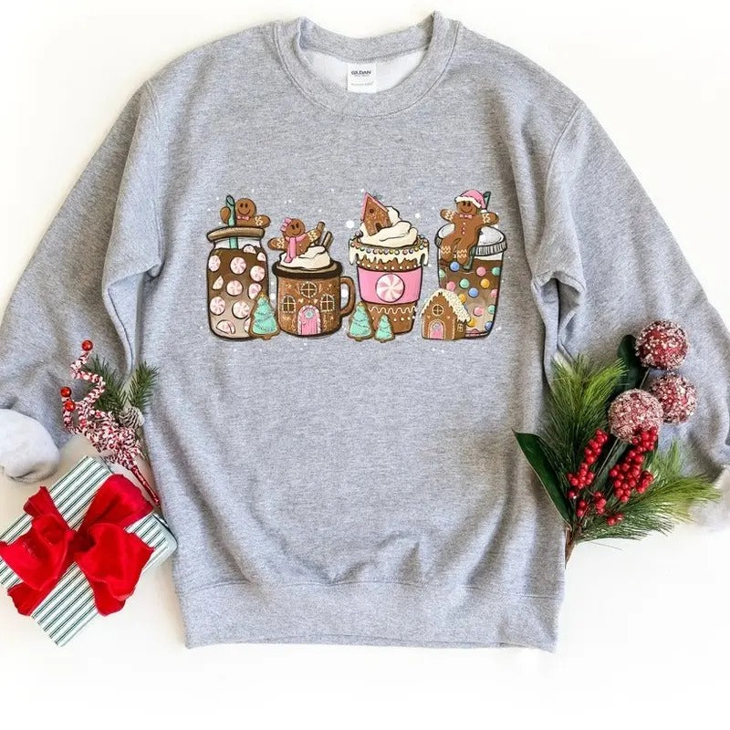 Gingerbread Christmas Coffee Shirt, Christmas coffee Sweatshirt, women Holiday sweater, Xmas Tee, Coffee Lover gift,...
