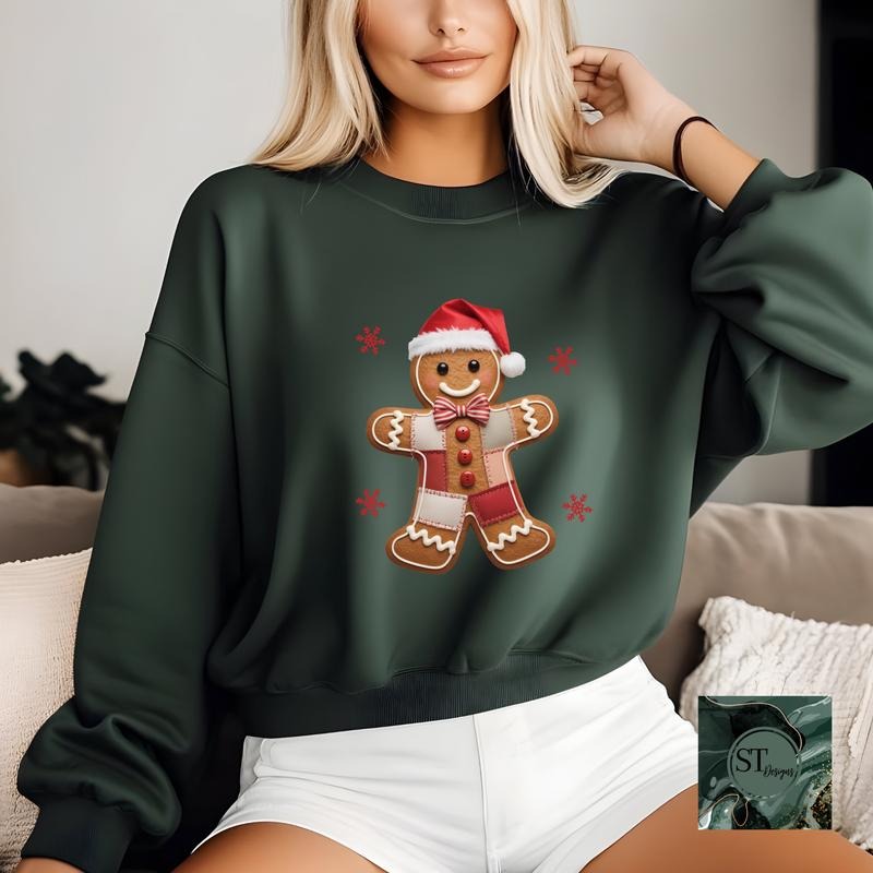 Gingerbread Man T-Shirt or Crew Neck Long Sleeve Printed Sweatshirt for Women Winter Casual Cartoon Tops Lightweight...