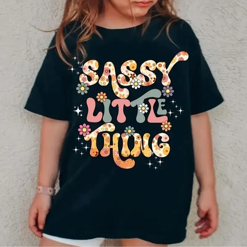 Girl's Cotton T-shirt With Sassy Little Thing Letter Print And Flower Pattern Print, Fashionable And Comfortable Round...