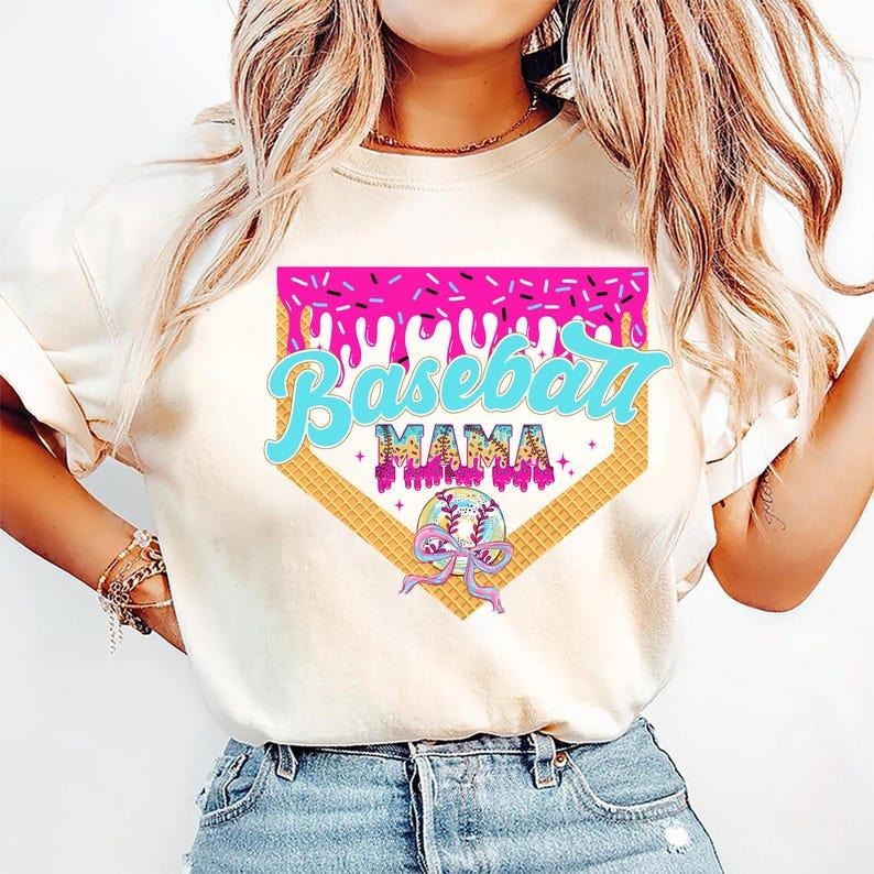 Girly Baseball Mama Shirt, Stylish Ice Cream Drip Print, Sporty Trend Hoodie, Sweatshirt | HypeCrazeTee.com