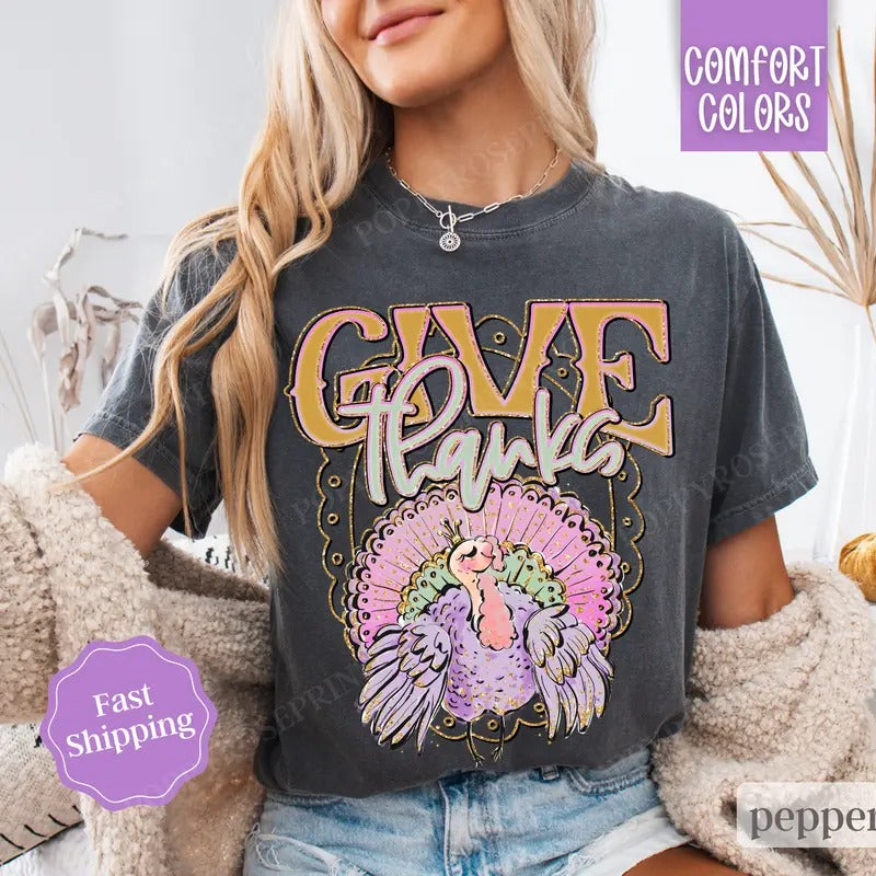Give Thanks Shirt Comfort Colors, Thanksgiving Tshirt,  Women's Fall Thankful Tee Hoodie, Sweatshirt | HypeCrazeTee.com