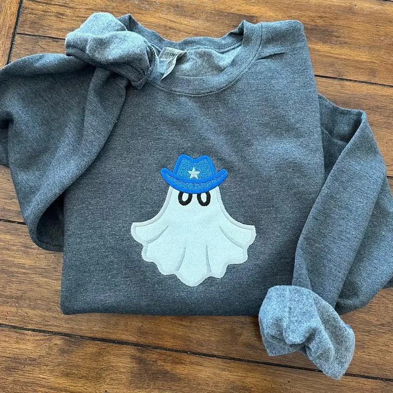 Glitter Applique Cowboy Ghost Halloween Embroidered Crewneck Sweatshirt Comfort T-Shirts, Hoodie | HypeCrazeTee.com