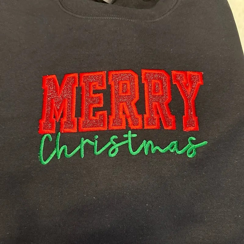 Glitter Applique Merry Christmas Embroidered Crewneck Sweatshirt Comfortable Classic Festive T-Shirts, Hoodie