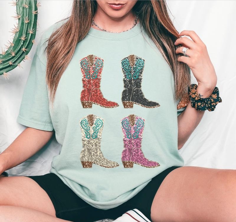Glitter Faux Boots T-Shirt Country Cowgirl Tshirt Cowboy Boots Tee Cowgirl Boots T-Shirt Soft Print Tshirt Comfy...