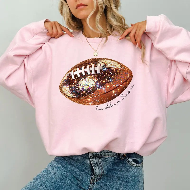 Glitter Football Touchdown Season Sweatshirt, Vintage Football Crewneck for Girls, Fall Sports Sweater for Mom, Game Day...